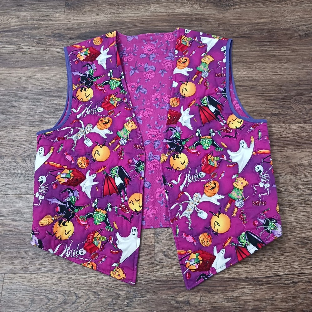 Handmade Reversible Quilted Halloween Vest Purple Floral Spooky Characters Small